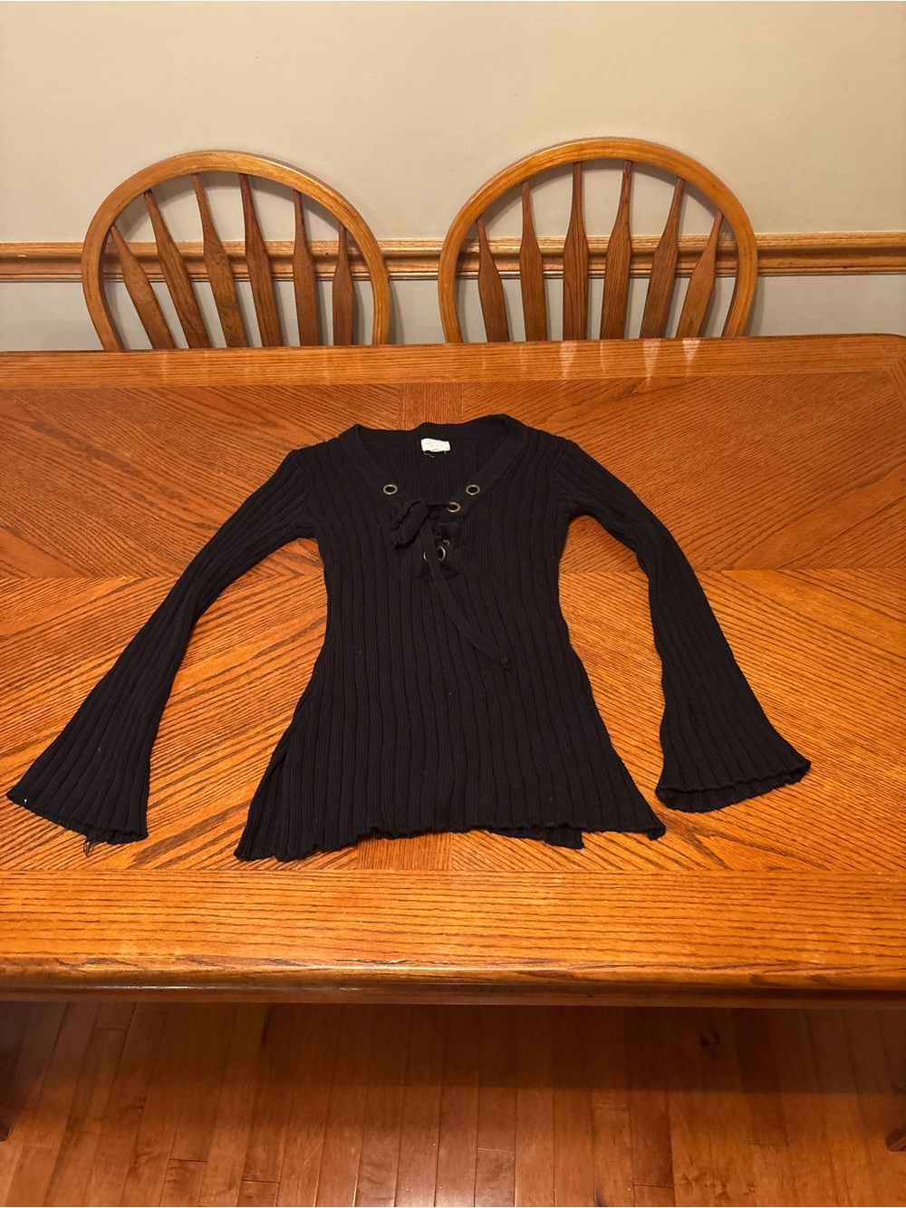 Vintage Y2K Black Ribbed Knit Lace-Up Bell Sleeve Top - Grunge / Indie Sleaze S